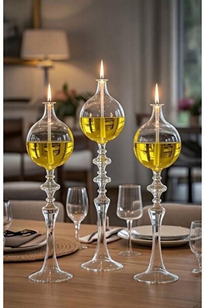Shabbo Glass Ayaklı Drops Düğmeli Şamdan Cam Kandil 3'lü Set Kandil Yağı Üçlü