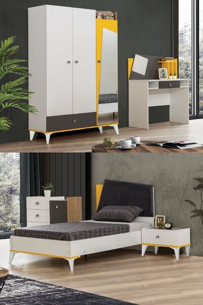 Setay Giallo Genç Odası - 3 Kapılı Dolap, Karyola, Komodin, Masa, Şifonyer