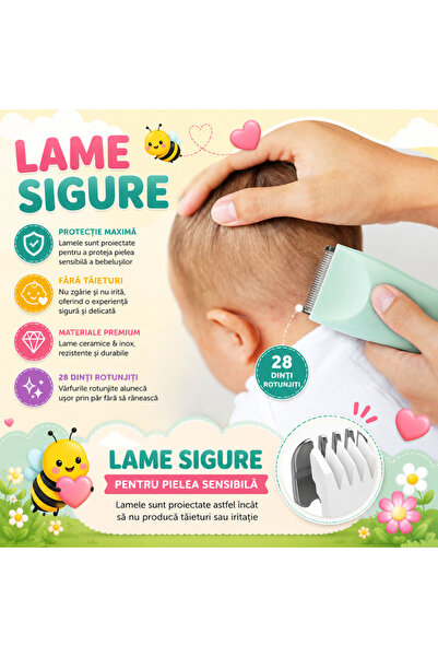 Horigen Masina Tuns Bebelusi Copii Baby Bee,Silentios, 10.000 RPM, Acumulator 1000 mAh, Verde