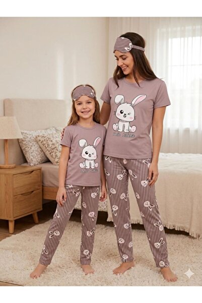 tusem butik homewear Σετ πιτζάμες για μαμά και κόρη σε λιλά χρώμα με σχέδιο κ...