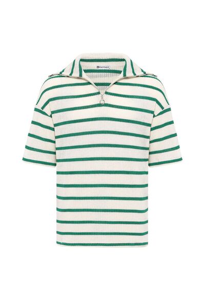 S13 Store Oversize Striped Zippered Collar Knitwear T-Shirt