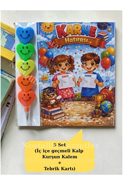 Nostaljik Lezzetler Karne Hediyesi 5 Set Kalp Kurşun Kalem ve Tebrik Kartı