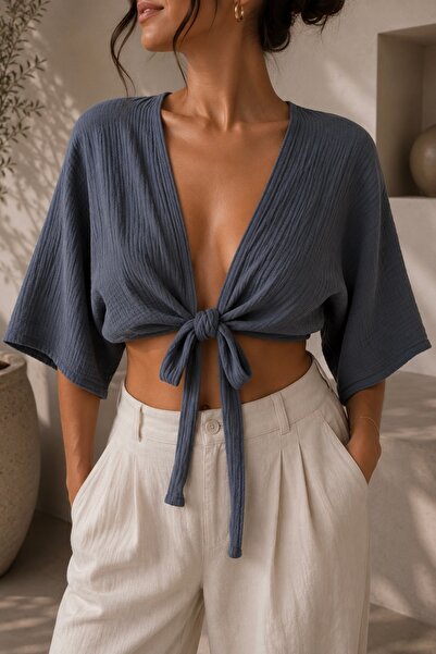 bb butik basic Women's Muslin Tie-Up Bolero Blouse Oversize Loose Summer Kimo...