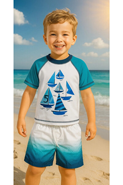 Lolliboomkids Erkek Çocuk Surfer Yelken Baskılı Mavi  Turkuaz Beyaz T-shirt Ş...