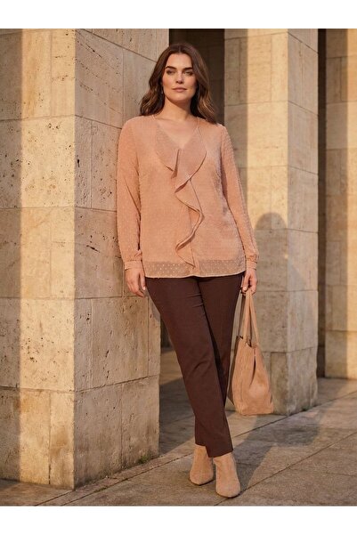 Hanezza Kadın Büyük Beden Önü Fırfır Detaylı Pudra 42-54 Silky Şifon Bluz ( I...