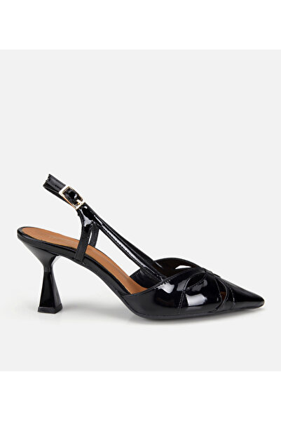 Hotiç Women's Patent Leather Black Open Back Short Heeled Stiletto
