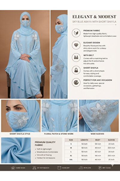 AMYAE White Chiffon Abaya with Separate Shila Islamic Jilbab for Women, Full Length Long Sleeve Modest Salah (Sky Blue)