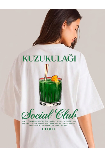 Etoile Studio Kuzukulağı Cocktail Grafik Baskılı Beyaz Oversize Pamuklu Unise...