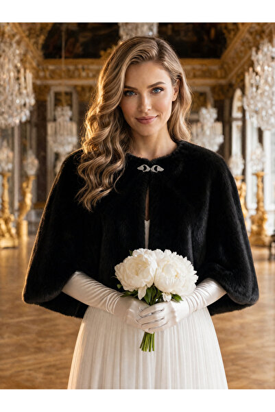 Elegance Scarf Bolerko ślubne z futra etol z długą broszką szal ślubny czarny