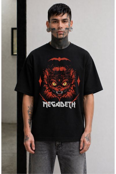 Fuddy Moda Unisex majica Megadeth Scary Cat Štampano, Oversize kroj rok bend ...