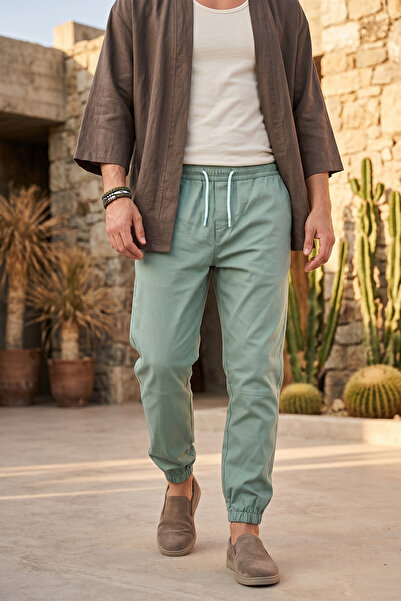 Souris Erkek Mint Jogger Pantolon Rahat Kesim Pamuklu Lastikli Paça İpli