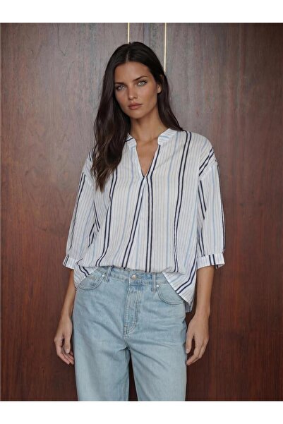WeShaya Light Blue Viscose Cotton Nylon Blended Striped Oversize Off-Shoulder...