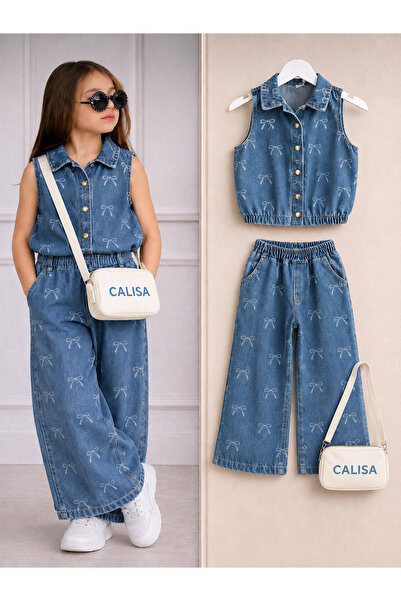 CALİSA Girl's Denim Set Bow Patterned Jean Vest and Wide Leg Pants |   Luxury...