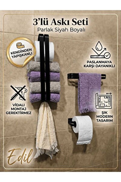 edil tasarim Edil 3-Piece Bathroom Set, Towel Rack, Toilet Paper Holder, Adhe...