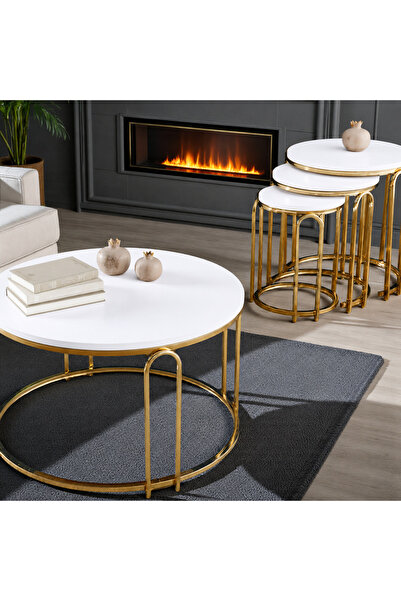 SEDAŞ LIVING UNITS Zigon Sehpa Ve Orta Sehpa Set Lenka Beyaz Ahşap Gold Ayakl...