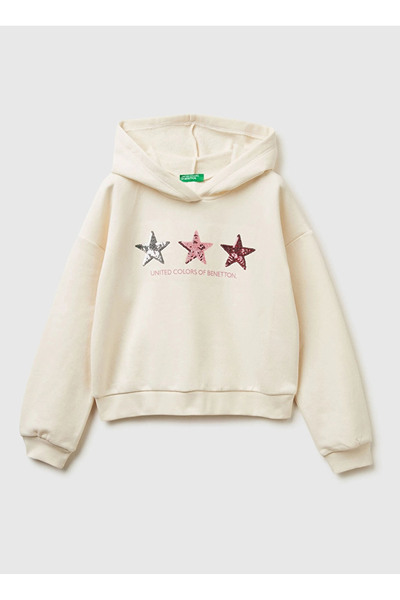 Benetton United Colors of Krem - Pembe Kız Çocuk Payetli Sweatshirt 39M2C205E