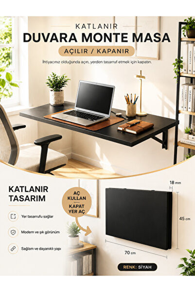 UNİDECO Katlanır Duvar Masası Duvara Monte Mutfak Masası Çalışma Masası Balko...