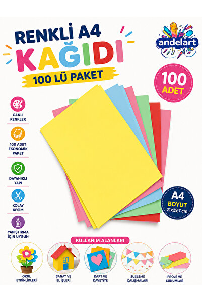 andelart 100’lü Renkli Fotokopi Kağıdı - A4 Boyutunda Karma Renkli Kağıt - Ok...