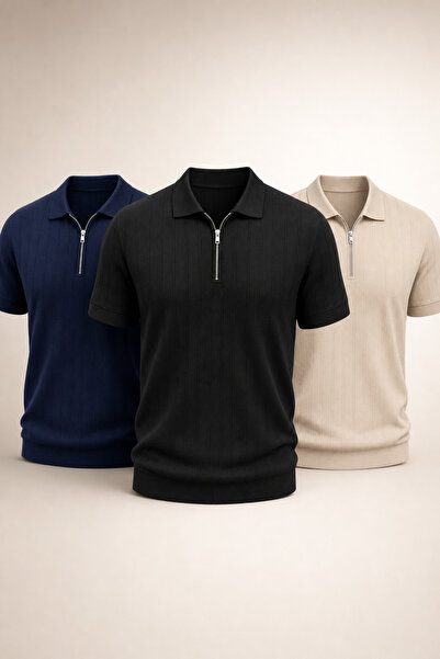 ZMODA SOFT Erkek 3’lü Polo Yaka Triko Dokulu Yarım Fermuarlı Tshirt Regular Y...