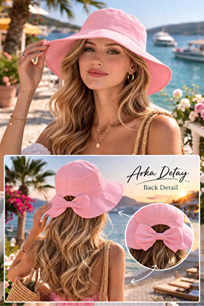 Wearflawless Kadın Keten Bucket Fiyonklu Turuncu Yazlık Plaj Şapkası, Ayarlan...