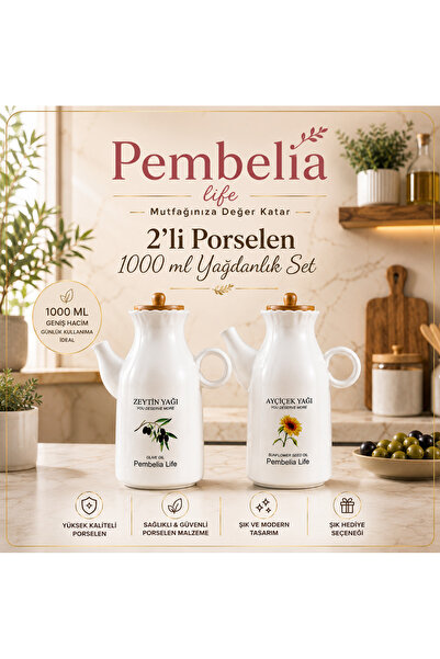 Pembelia Life Etiketli 2 Adet Porselen 1000ml Yağlık&sirkelik (2'li Yağdanlık...