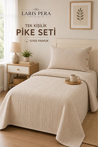 Larispera 100% Cotton Single Pique Bedspread Set with Border + 1 Buttoned Pil...