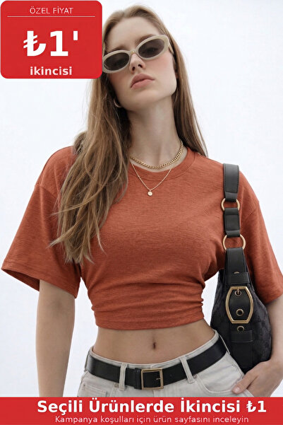 COMBİNE MİCHAİL Kadın Basic Bel Detaylı Pudra Crop Bluz