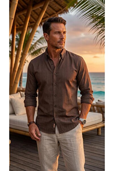 MEGALDİ Erkek Linen Keten Slim Fit Kahverengi Uzun Kollu Gömlek