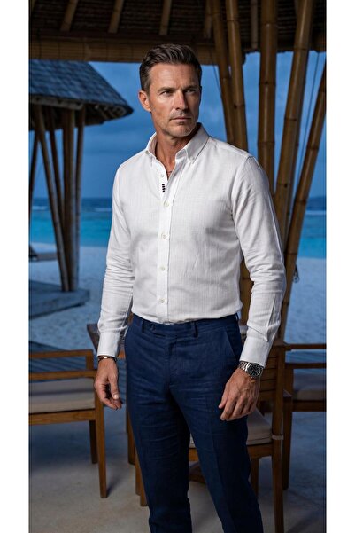MEGALDİ Erkek Linen Keten Slim Fit Beyaz Uzun Kollu Gömlek