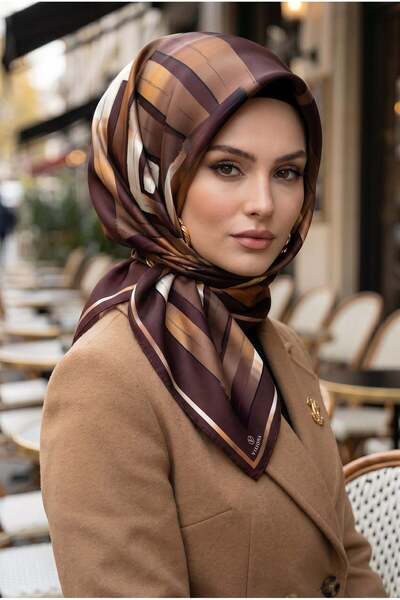 Vissona %100 Twill İpek Geometrik Fırça İzi Desenli Kahverengi - Bej Renkli 9...