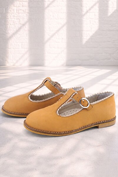 Rakerplus Genuine Leather Tan Girls' T-Bar Ballerina Shoes