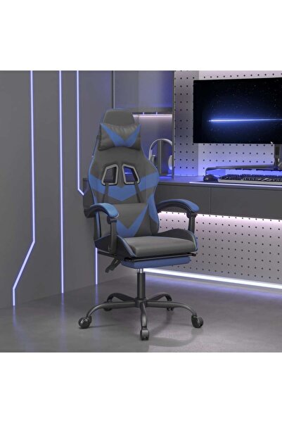 Concept Scaun de gaming cu suport picioare, negru/albastru, piele