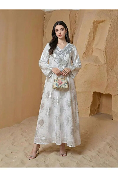 Noon Noora Elegant Gold-embossed Bead-embellished Jalabiya Evening Dress