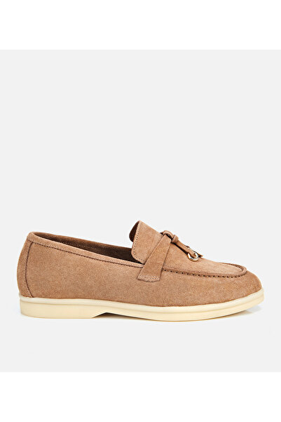 Hotiç Women's Suede Leather Beige Classic Loafer with Gold Accessories