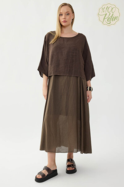 Vitrin 100% Linen Short Sleeve Long Dress