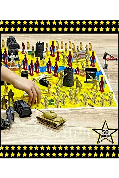 OYUNCAKSAHİLİ Tanklı Asker Setleri Ve Oyun Halısı 50 Parca 2 Paket Komando Uç...