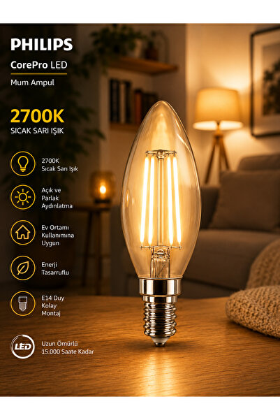 Aryes E14 Rustik Mum Ampul 4.3W 40W Amber Sarı Işık Tasarruflu