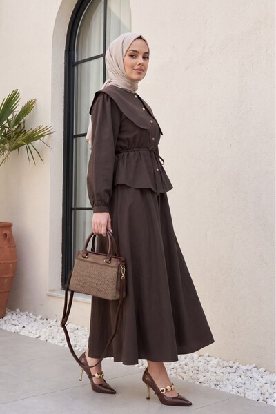 Modamorfo Sailor Collar, Elastic Waist, Buttoned Skirt, Cupra Suit - Dark Brown