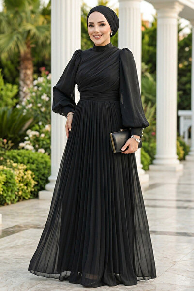 Neva Style Βραδινό φόρεμα μαύρο χιτζάμπ με λεπτομέρεια ντραπέ 44081S