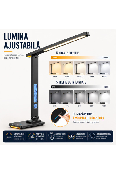 Huerler Lampa Birou LED Business Pro, Ceas, Termometru, Lumina Veghe, Incarca...