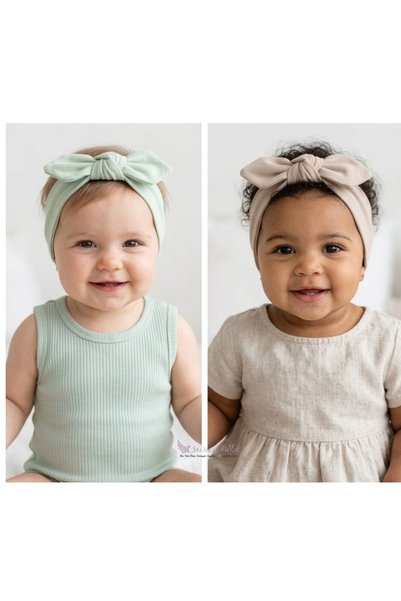 swan butik Baby Girl Kids Bandana Buckle Set of 2 Mint and Beige Rabbit Ear Bandana Combed Cotton