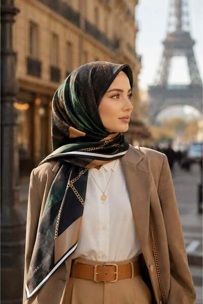 Vissona %100 Twill İpek Taş Efekti Desenli Zümrüt - Siyah Renkli 90x90 Eşarp ...