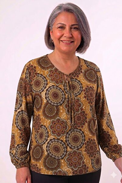 elma abone Plus Size Patterned Viscose Lace-Up Short Shirt Blouse