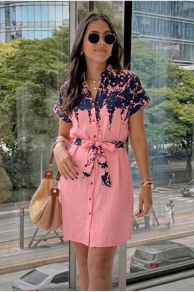 armonika Kadın Neon Pembe Hakim Yaka Kısa Kollu Beli Kuşaklı Gömlek Elbise AR...