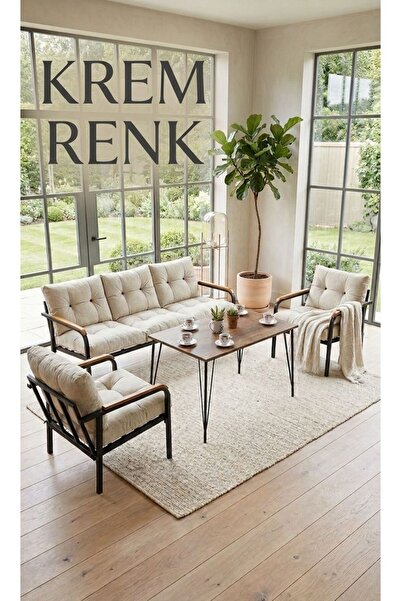 Madame Home Krem Balkon, Bahçe, Cafe - Salon - Metal Kanepe Koltuk Takımı 3+1...