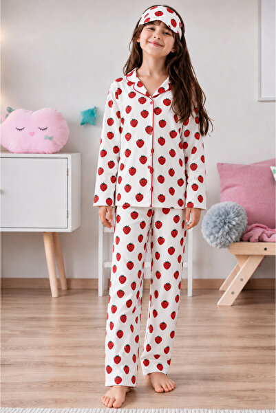 zahider Girl's Cotton Strawberry Patterned Seasonal Buttoned Pajama Set