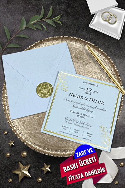 Cem Davetiye Düğün Nişan Nikah Kına Davetiyesi 7069 (100 ADET) Baskı Dahil