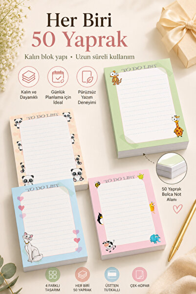 cabuk baskı 4lü Bloknot Note Pad - To Do List Bloknot Not Kağıdı 10x14 Cm