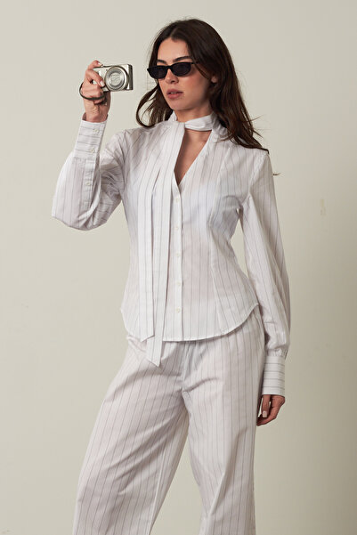 Beyyoglu %100 Cotton Fular Detaylı Çizgili Gömlek