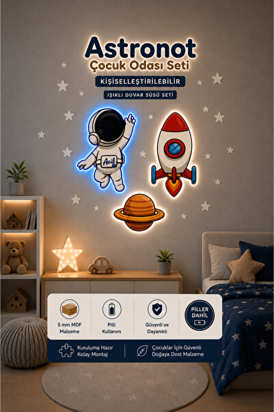 Design 4N Kişiye Özel Astronot Çocuk Odası Duvar Süsü LED Işıklı 4’lü Uzay Seti
